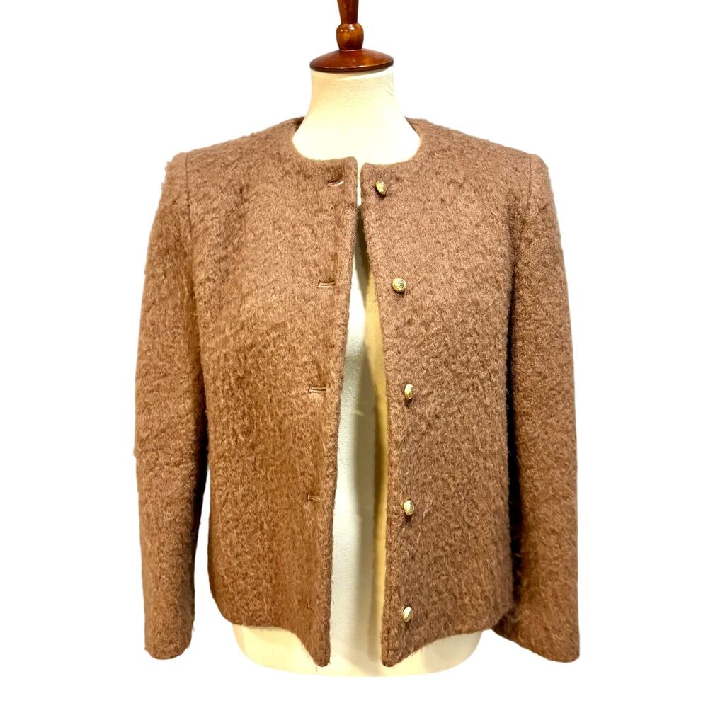 Brown Gold Button Bouclé Jacket Collarless Blazer Wool Blend Cozy Chic, Size 10